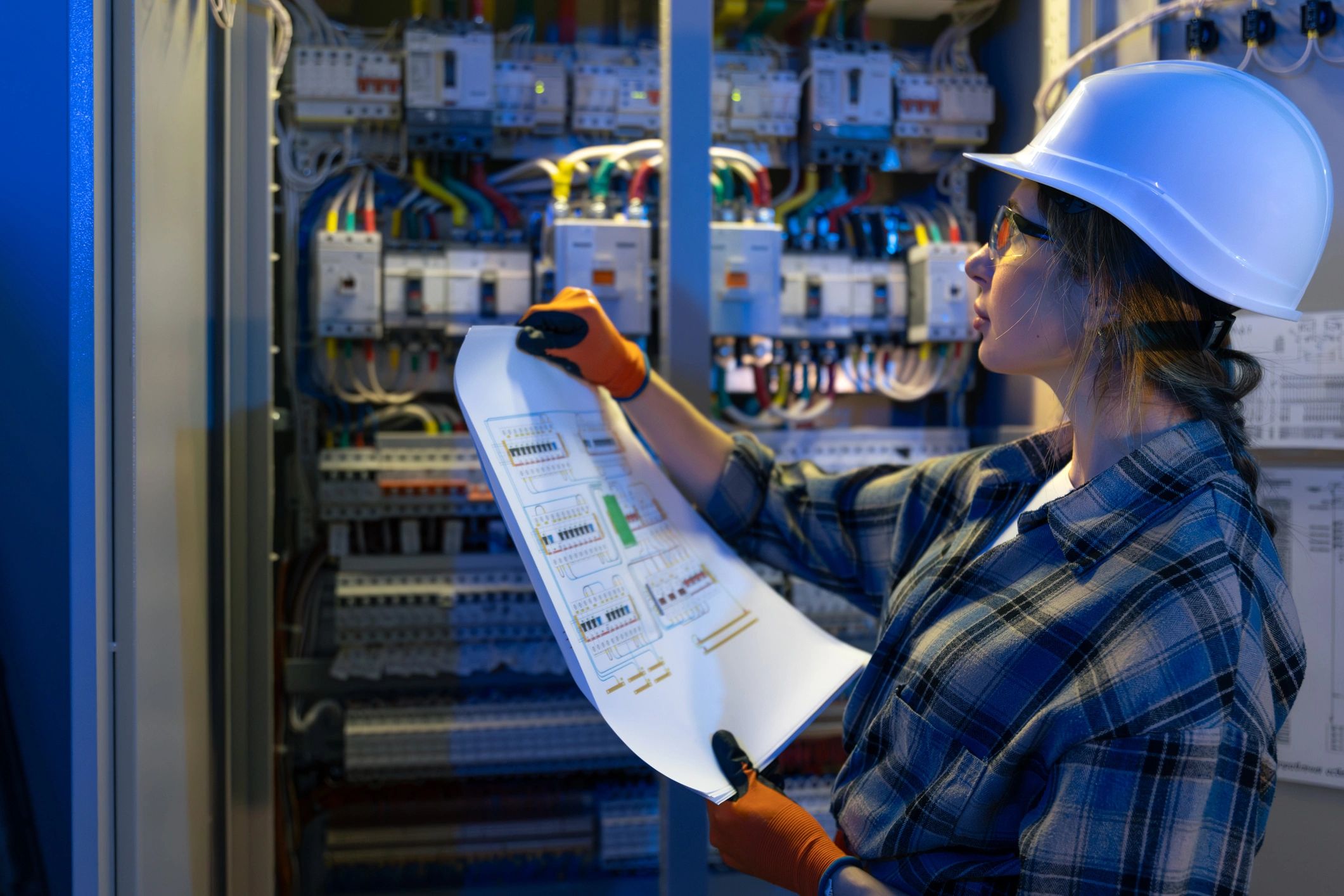 Electrician reviewing plans in front of electrical equipment